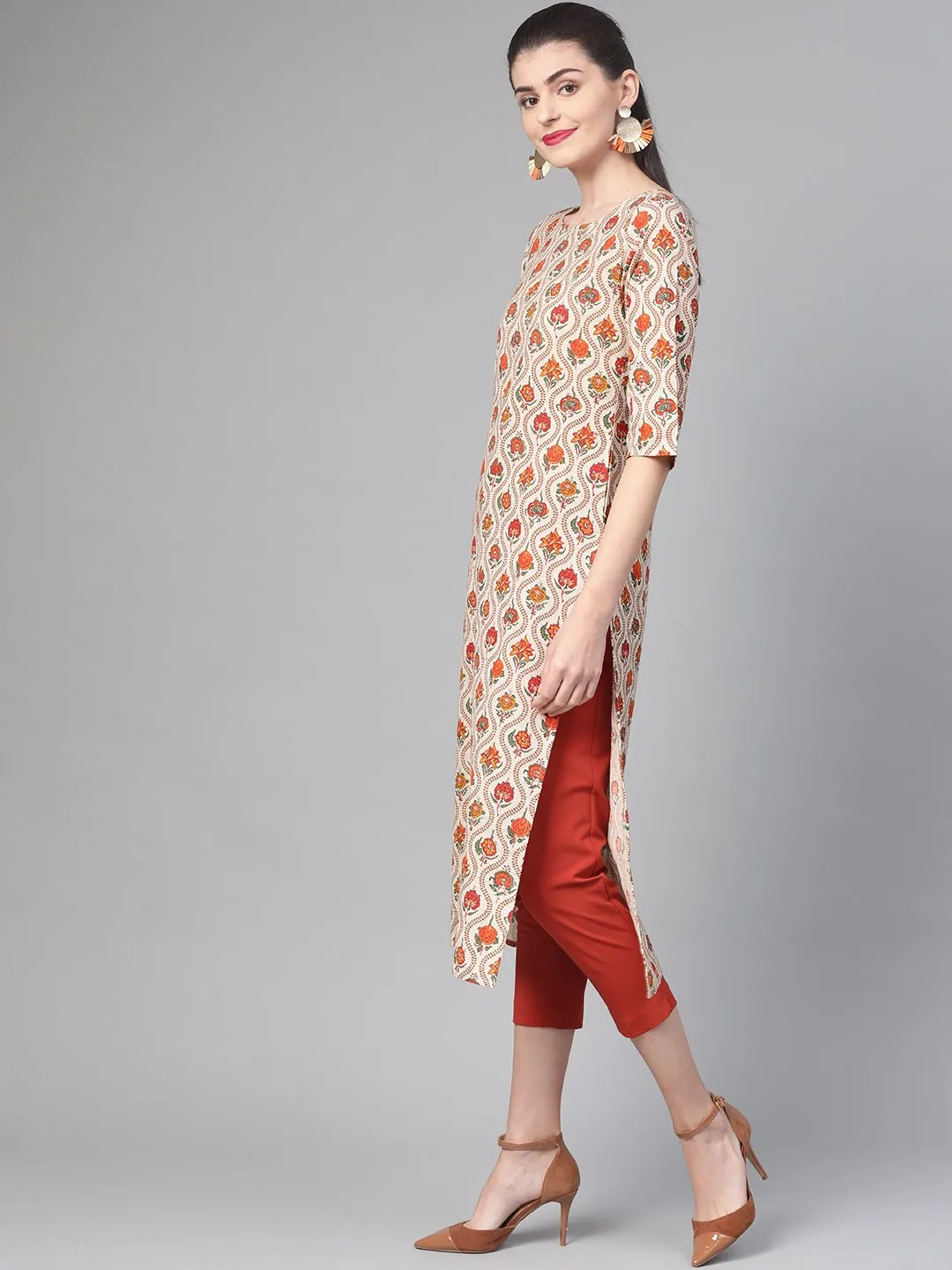 Women Cream & Orange Cotton Straight Floral Printed Kurta