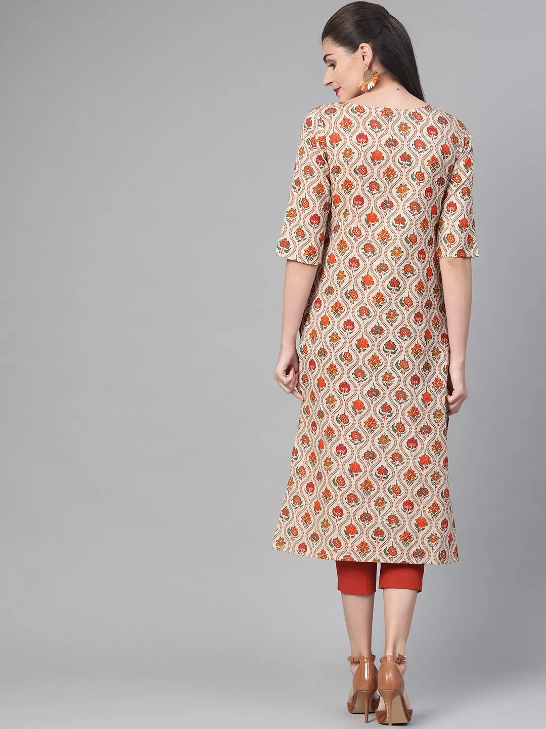 Women Cream & Orange Cotton Straight Floral Printed Kurta
