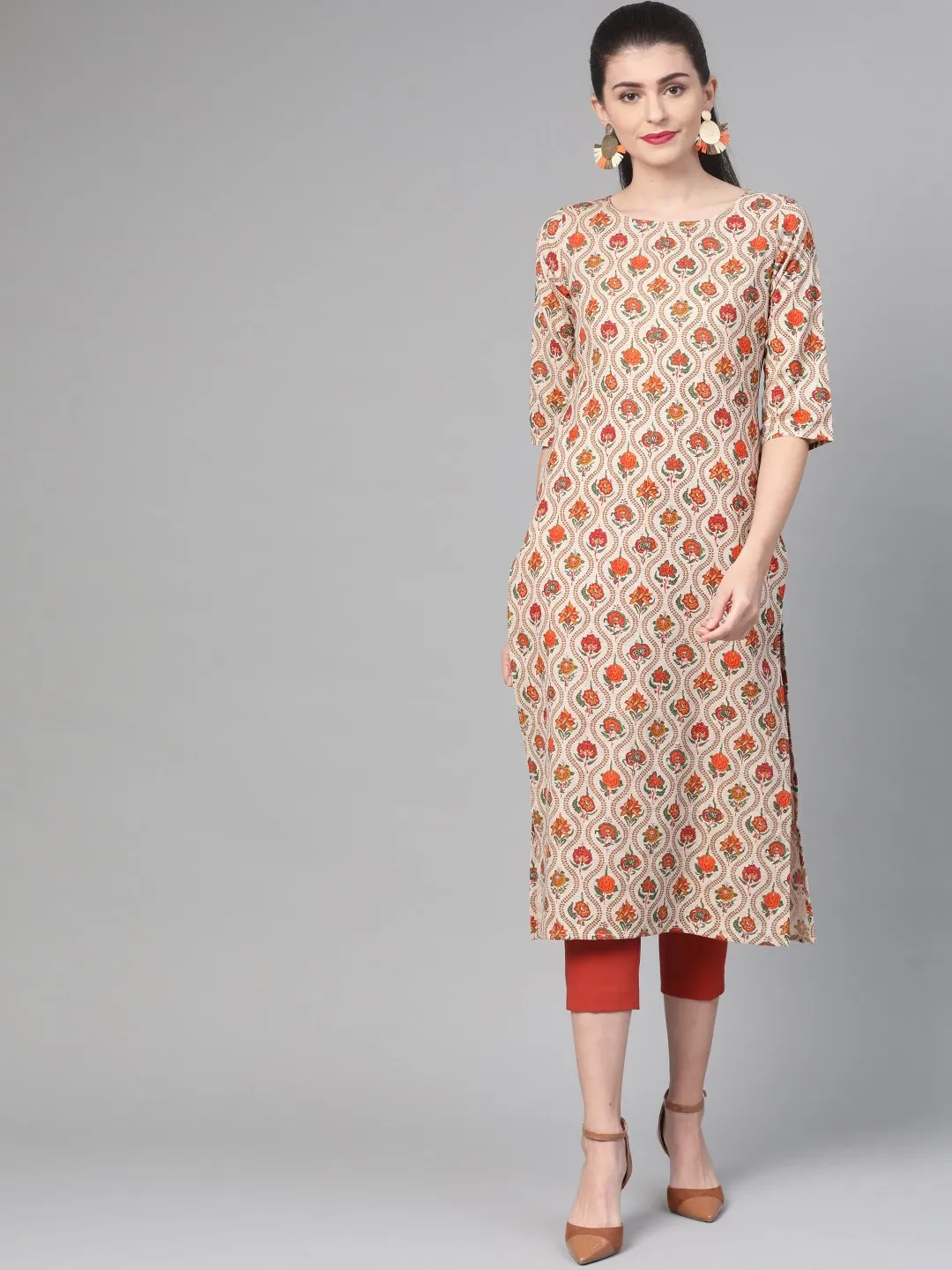 Women Cream & Orange Cotton Straight Floral Printed Kurta