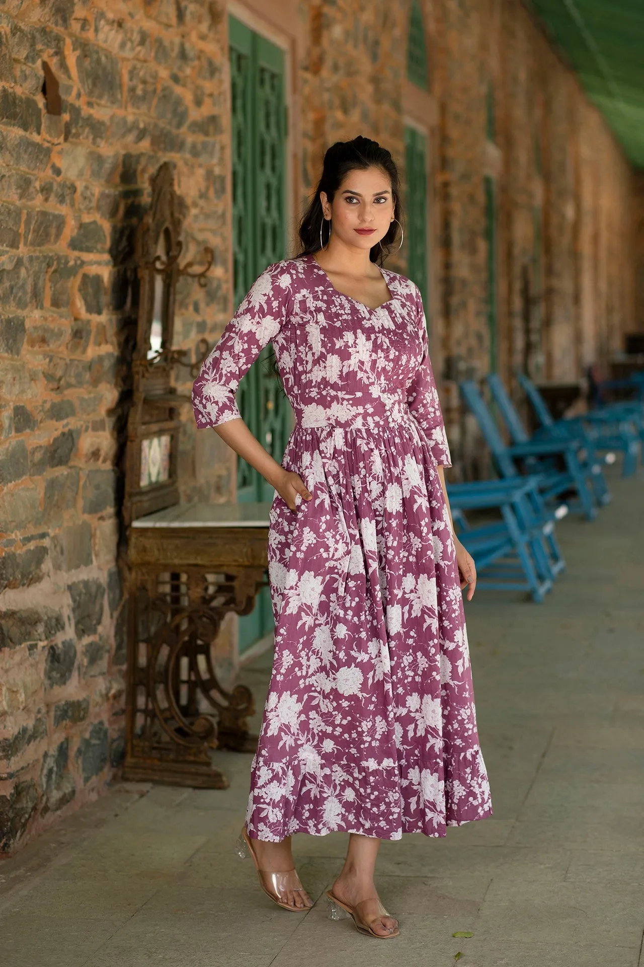 Women Mauve Ethnic Printed Flared Dress