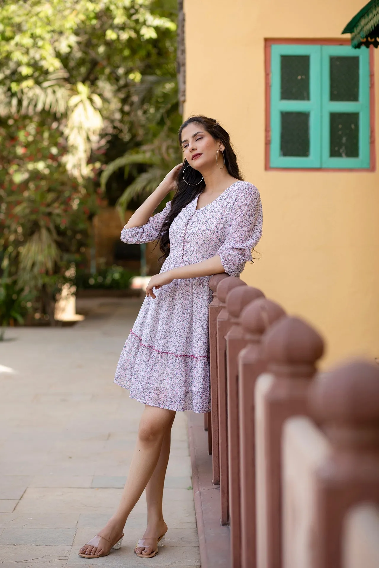 Women Off-White Printed Mini Georgette Dress