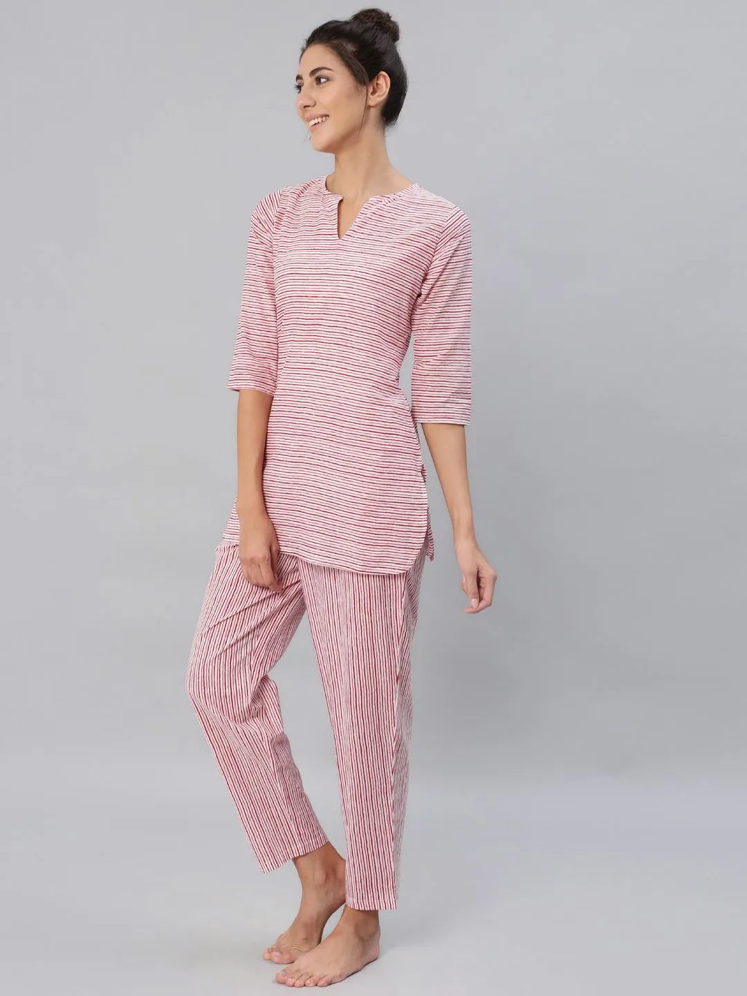 Women Pink & Off-White Striped Night Suit Set