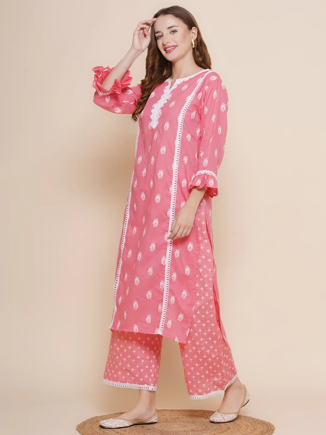 Women Pink Ethnic Motifs Printed Lace work Kurta with Palazzos