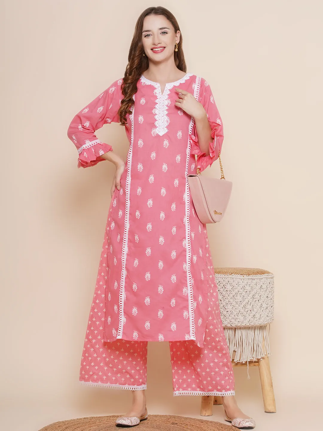 Women Pink Ethnic Motifs Printed Lace work Kurta with Palazzos