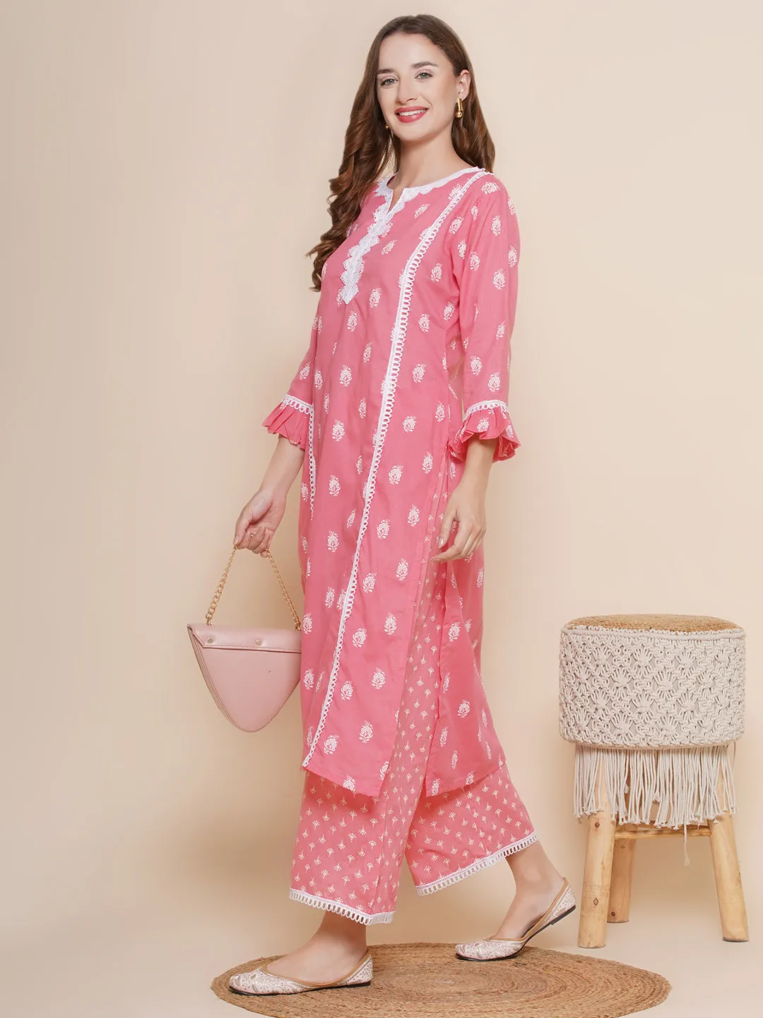 Women Pink Ethnic Motifs Printed Lace work Kurta with Palazzos