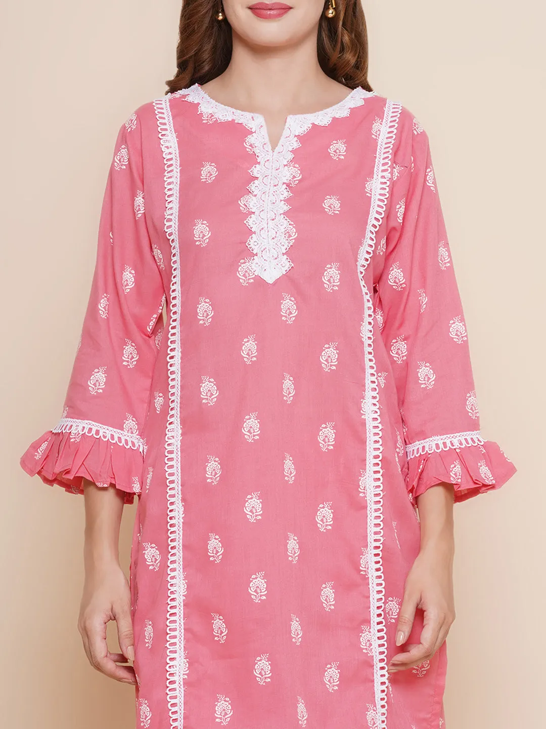 Women Pink Ethnic Motifs Printed Lace work Kurta with Palazzos
