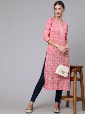 Women Pink Printed Straight Kurta With Three Quarter Sleeves