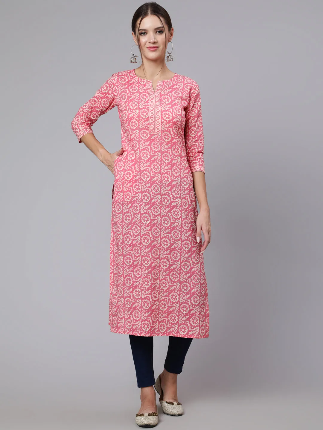 Women Pink Printed Straight Kurta With Three Quarter Sleeves