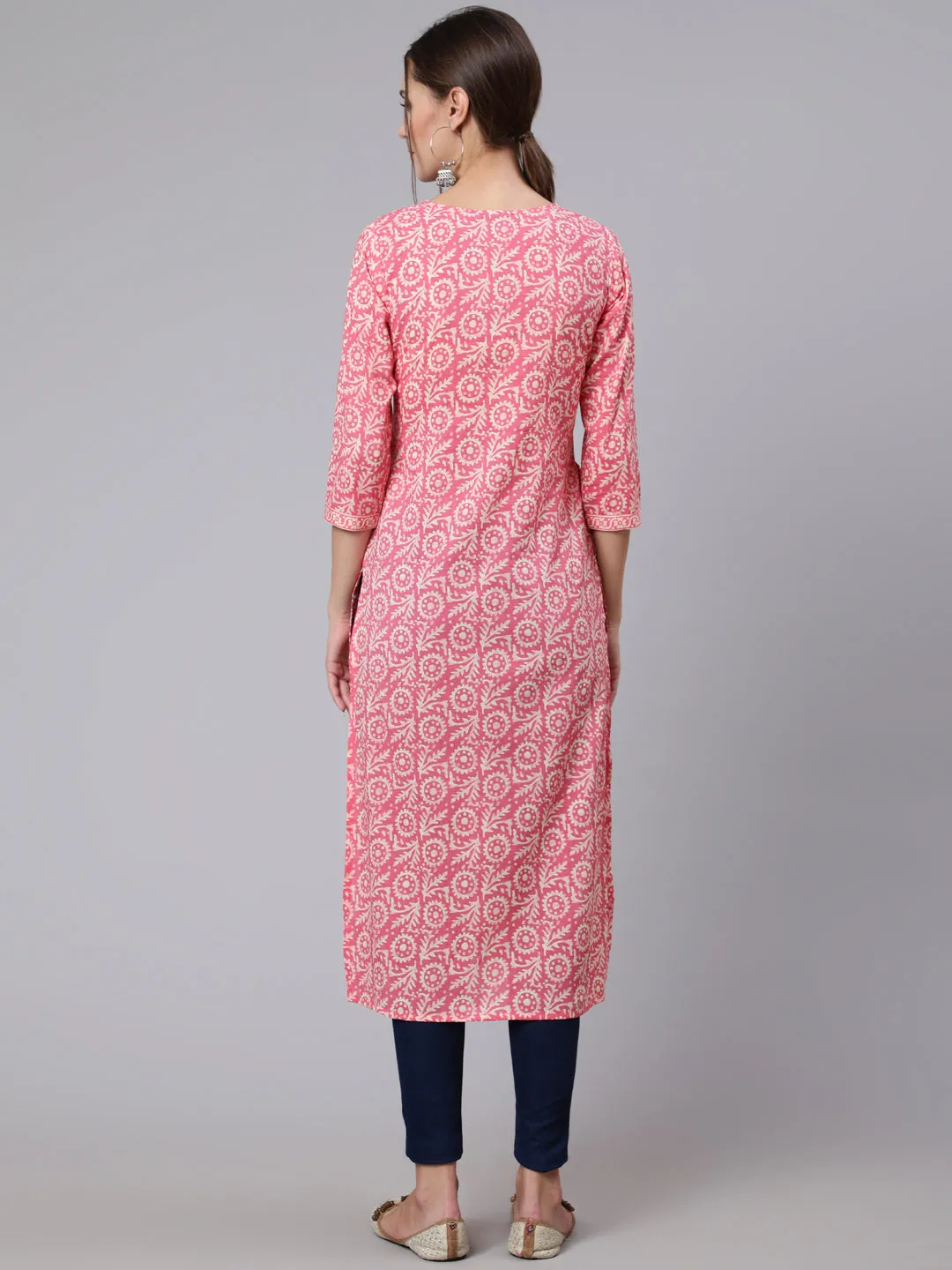 Women Pink Printed Straight Kurta With Three Quarter Sleeves