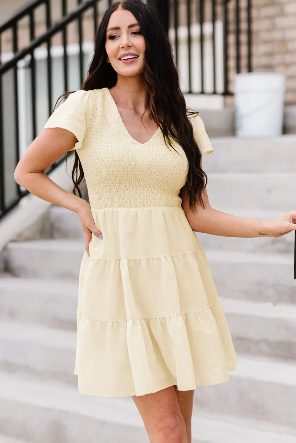 Womens Ruffle Sleeve Layered Mini Dress Smocked Flowy Mini Dress