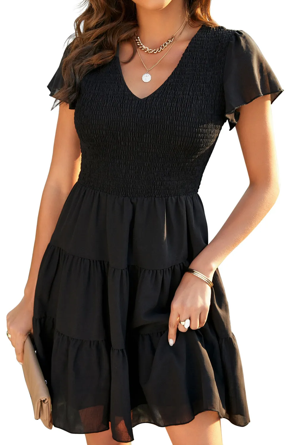 Womens Ruffle Sleeve Layered Mini Dress Smocked Flowy Mini Dress