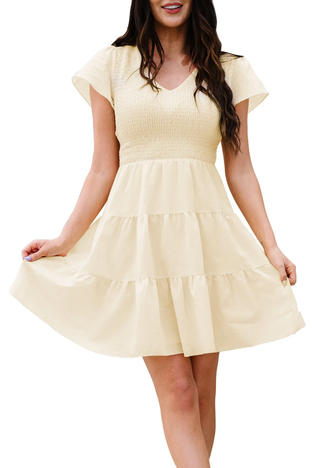 Womens Ruffle Sleeve Layered Mini Dress Smocked Flowy Mini Dress