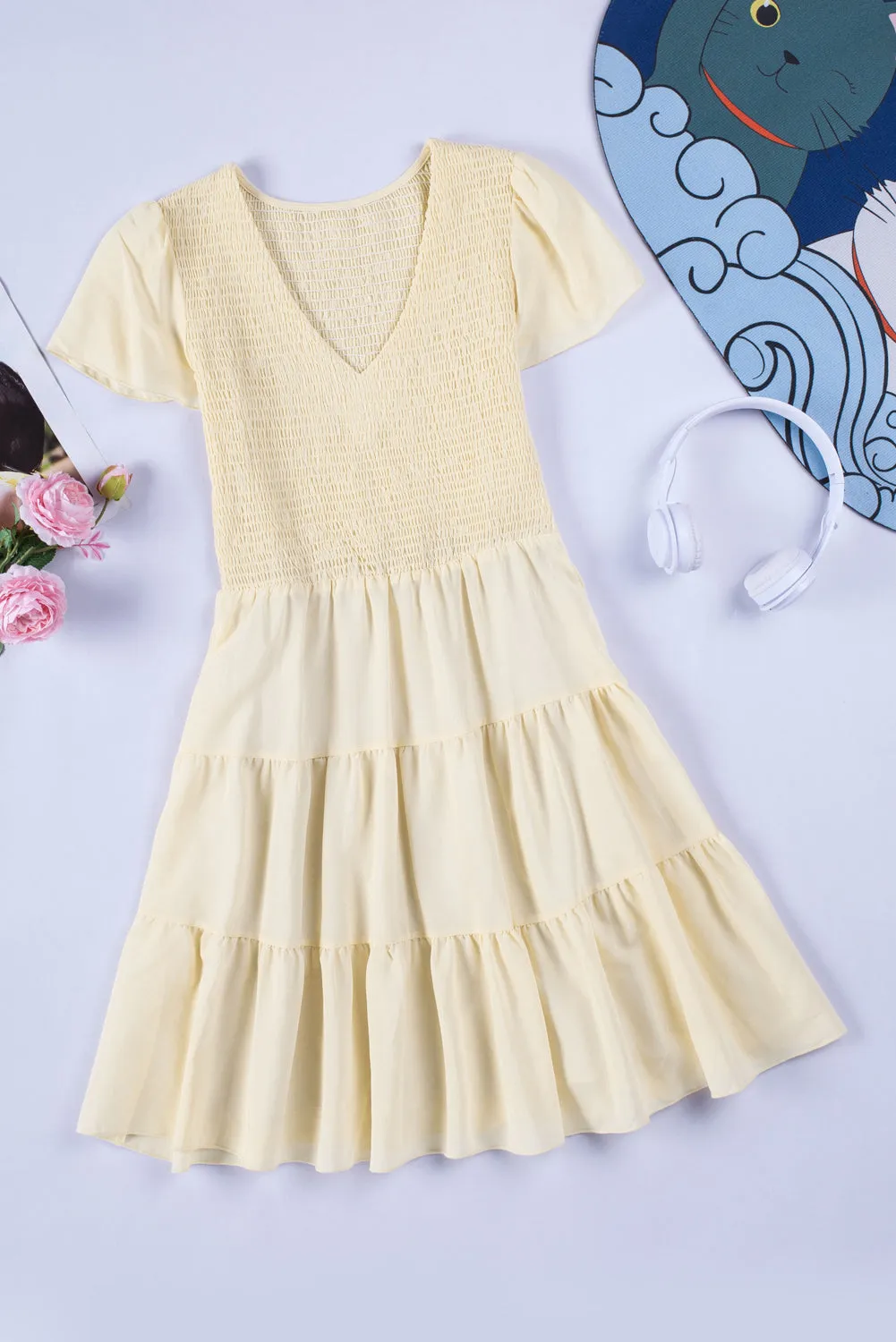 Womens Ruffle Sleeve Layered Mini Dress Smocked Flowy Mini Dress