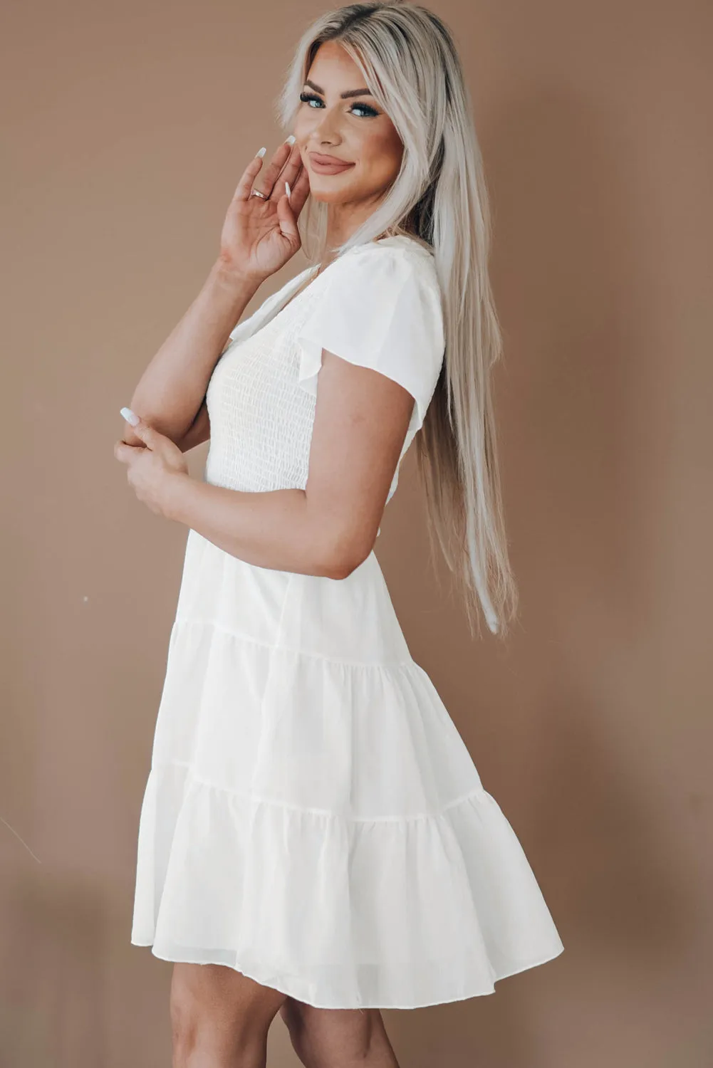 Womens Ruffle Sleeve Layered Mini Dress Smocked Flowy Mini Dress