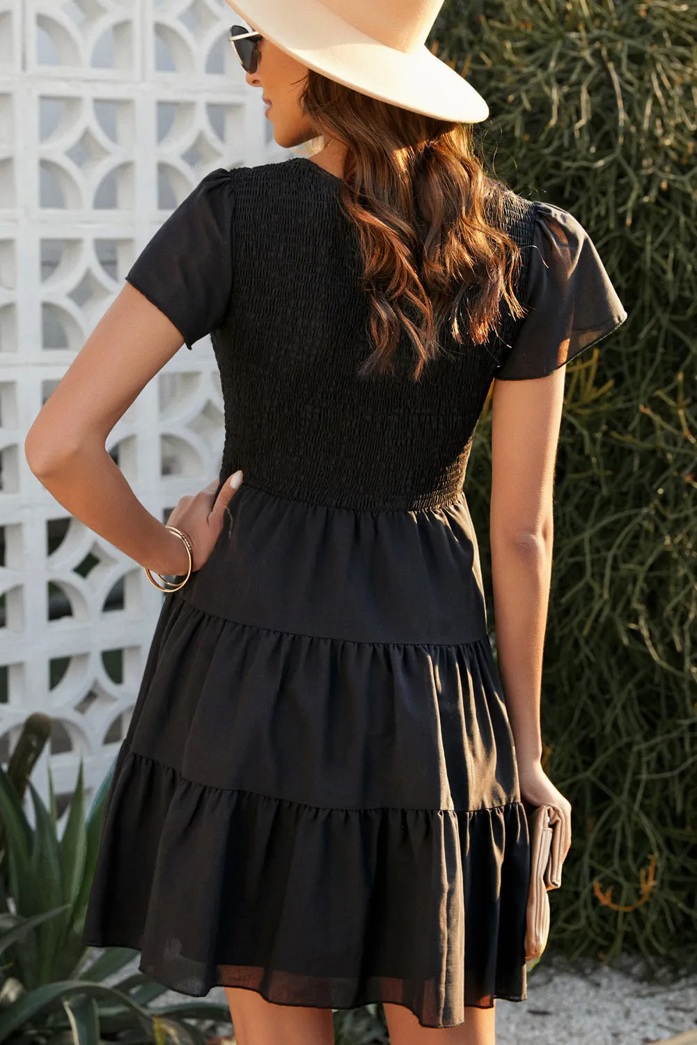 Womens Ruffle Sleeve Layered Mini Dress Smocked Flowy Mini Dress