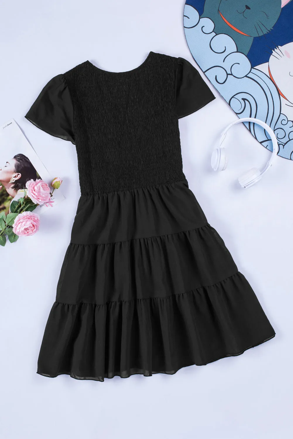 Womens Ruffle Sleeve Layered Mini Dress Smocked Flowy Mini Dress