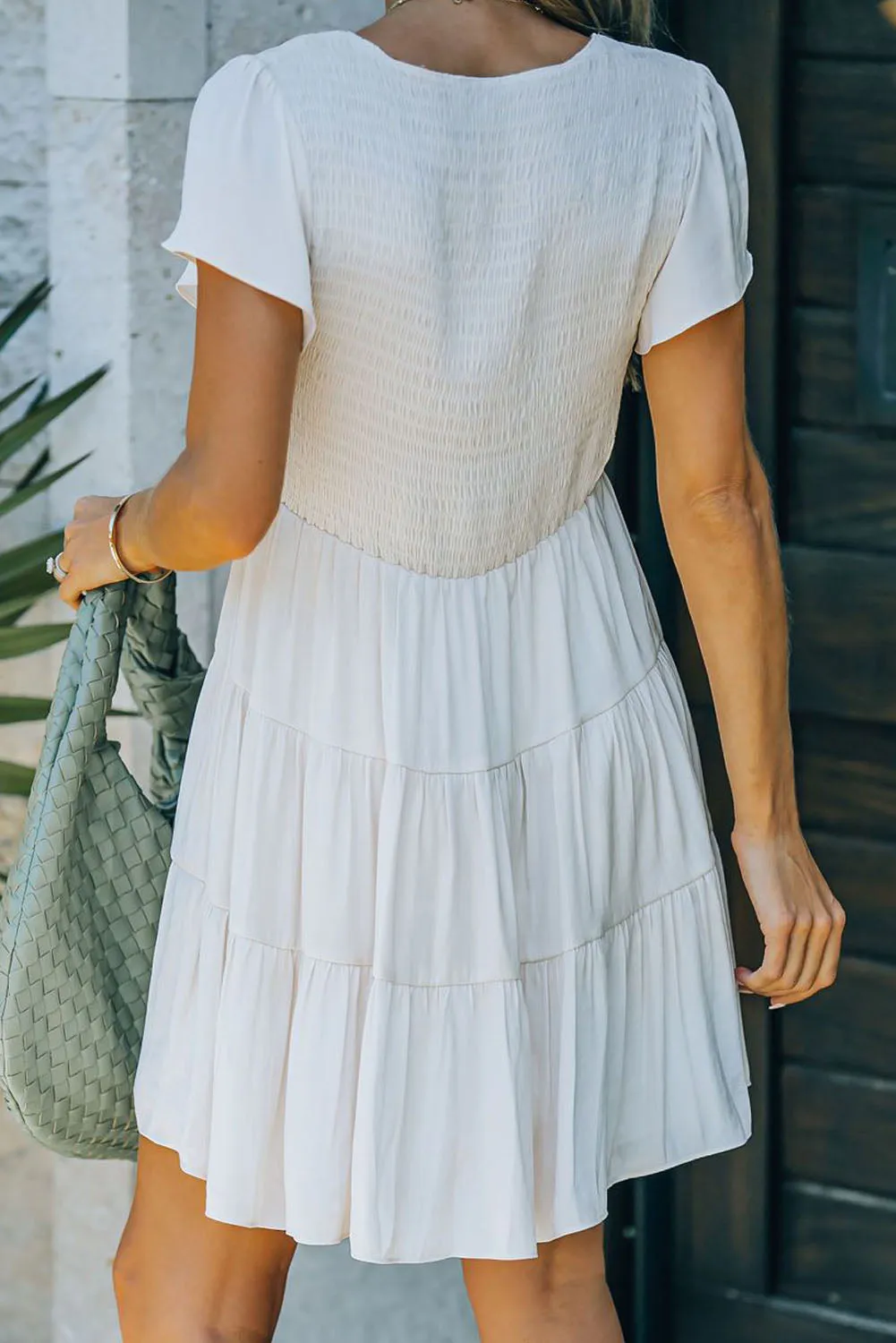 Womens Ruffle Sleeve Layered Mini Dress Smocked Flowy Mini Dress
