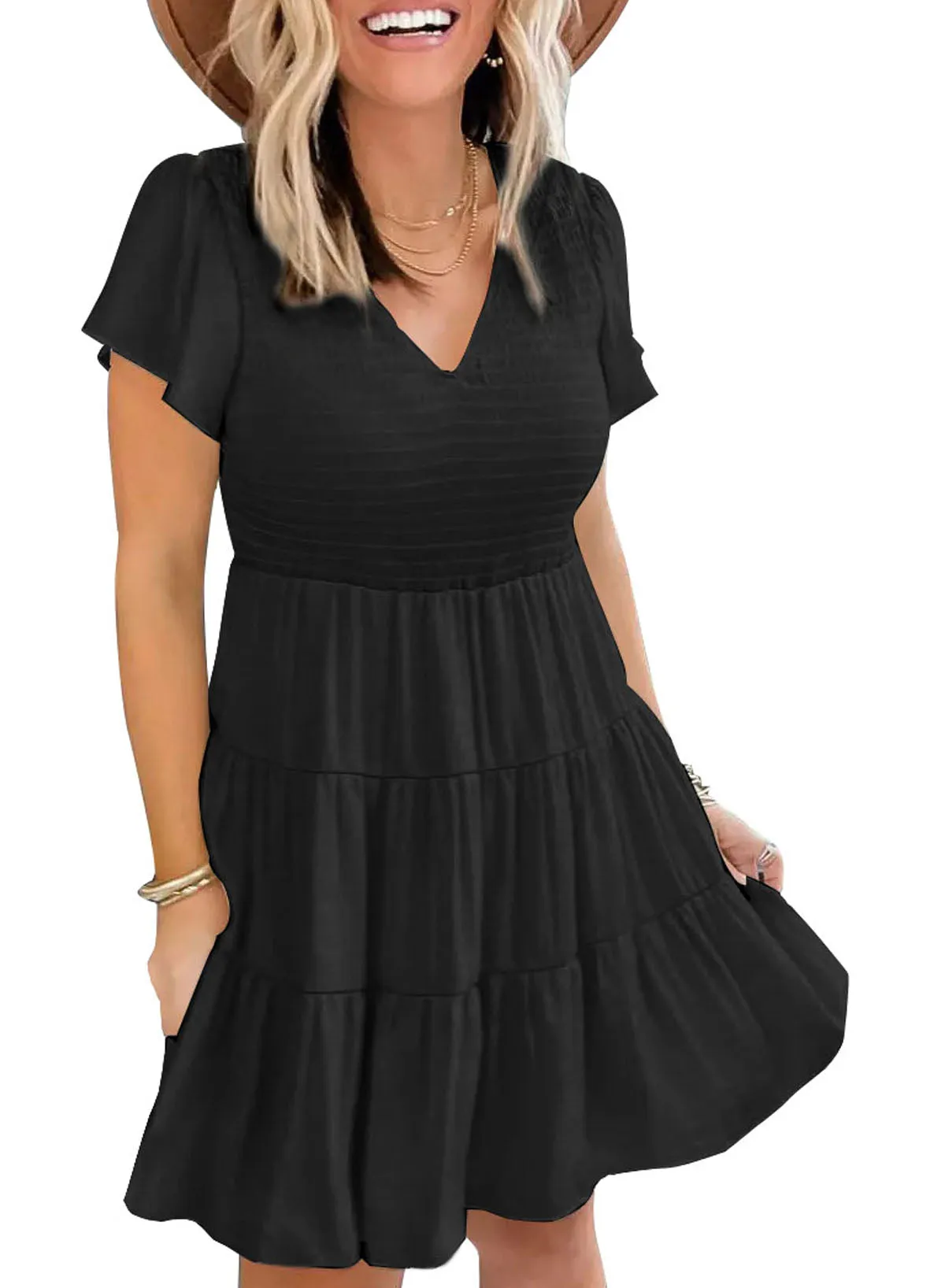 Womens Ruffle Sleeve Layered Mini Dress Smocked Flowy Mini Dress