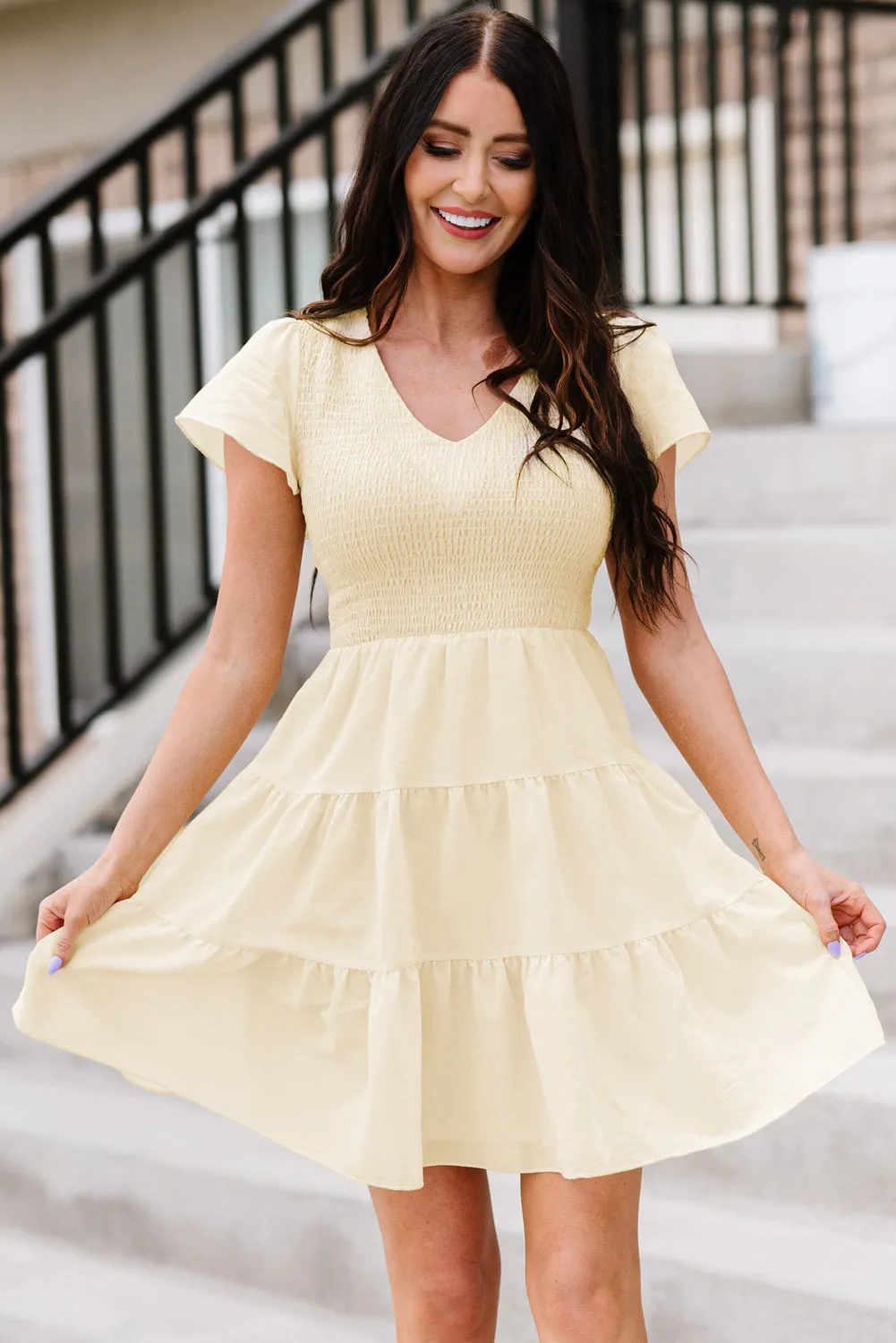 Womens Ruffle Sleeve Layered Mini Dress Smocked Flowy Mini Dress