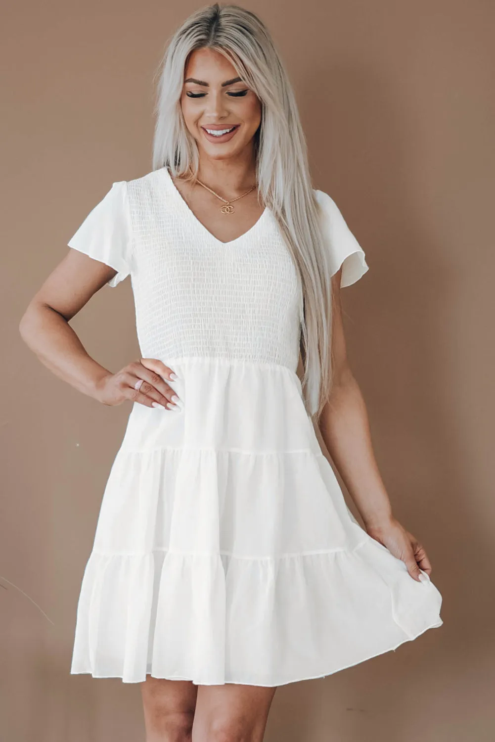 Womens Ruffle Sleeve Layered Mini Dress Smocked Flowy Mini Dress