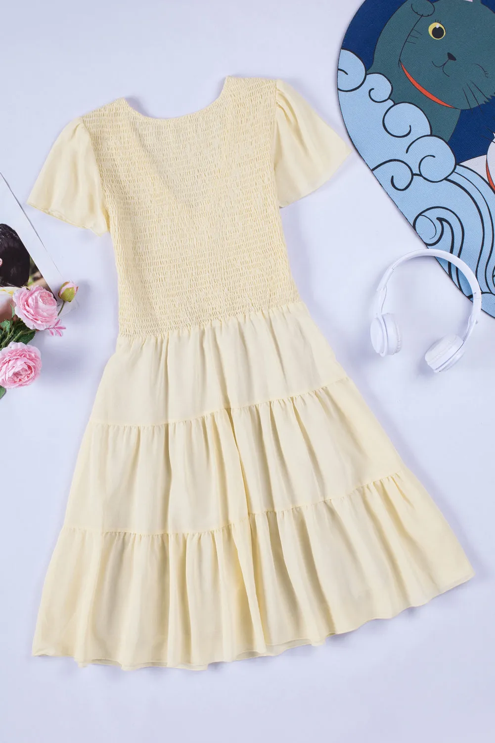 Womens Ruffle Sleeve Layered Mini Dress Smocked Flowy Mini Dress