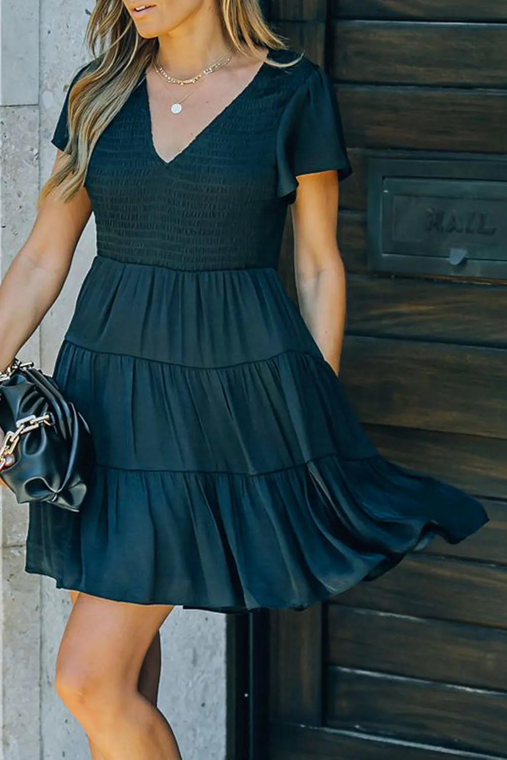 Womens Ruffle Sleeve Layered Mini Dress Smocked Flowy Mini Dress