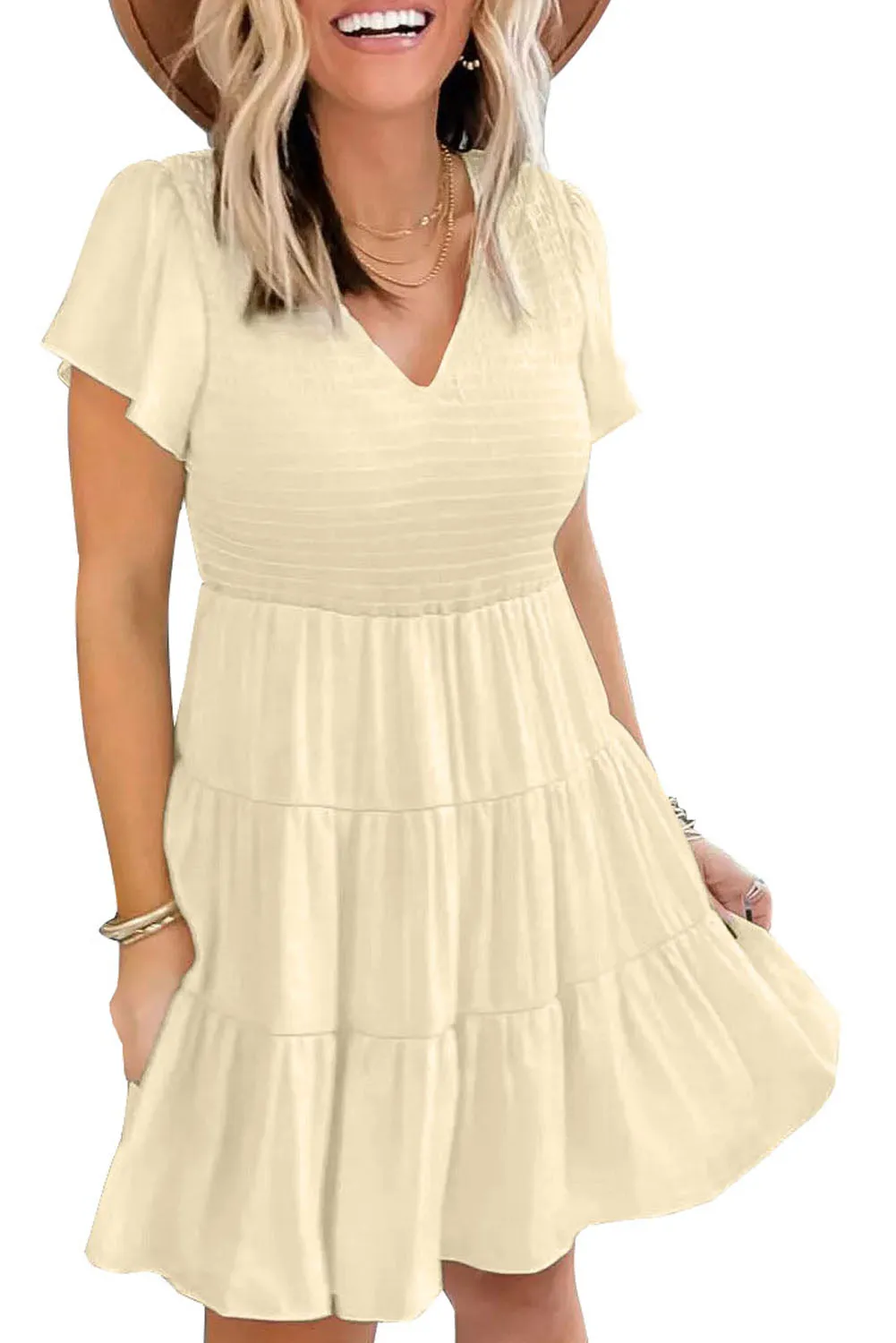 Womens Ruffle Sleeve Layered Mini Dress Smocked Flowy Mini Dress