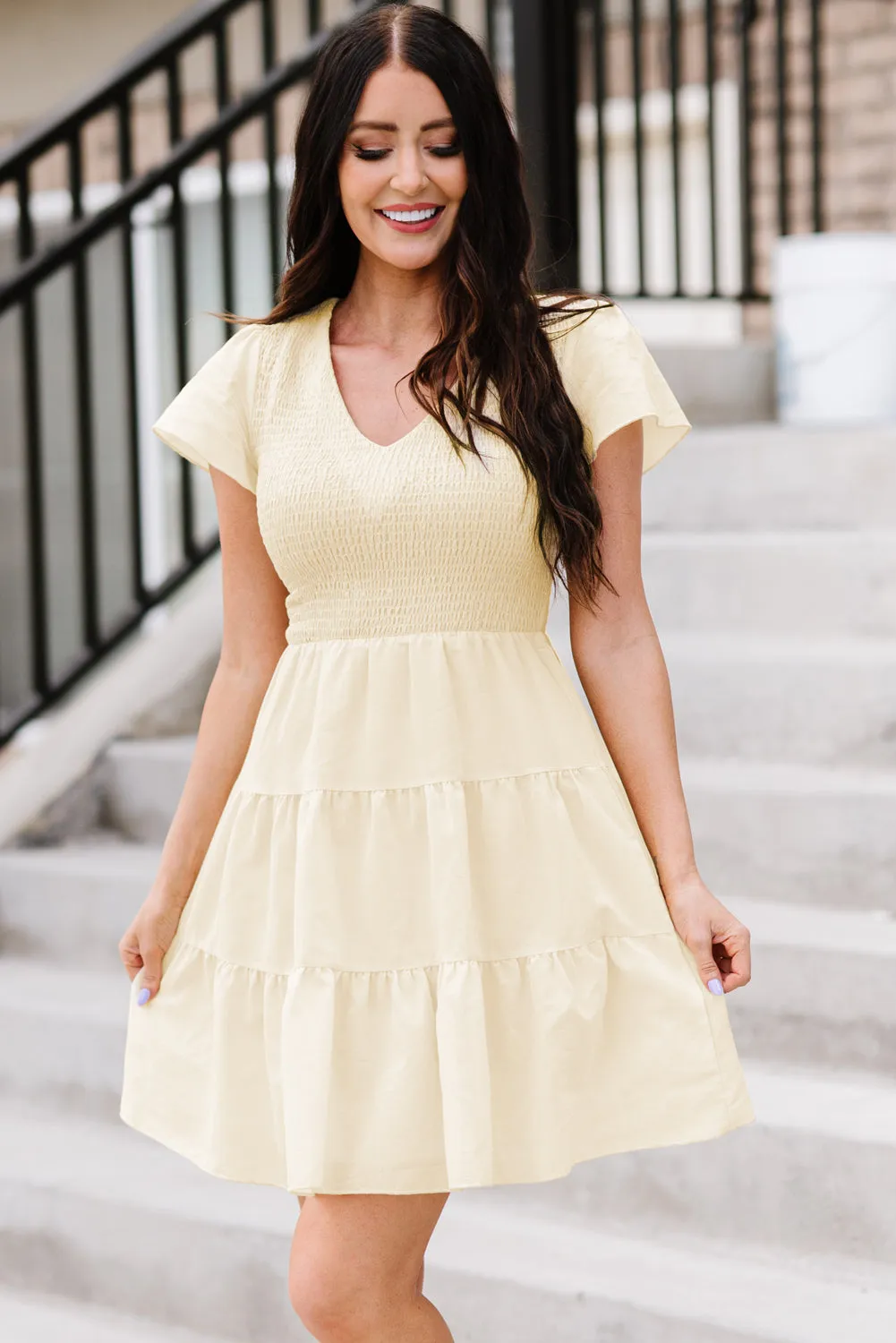 Womens Ruffle Sleeve Layered Mini Dress Smocked Flowy Mini Dress