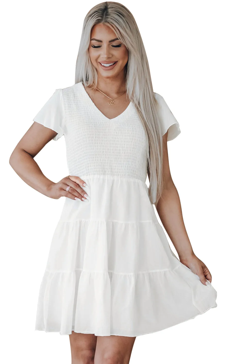 Womens Ruffle Sleeve Layered Mini Dress Smocked Flowy Mini Dress