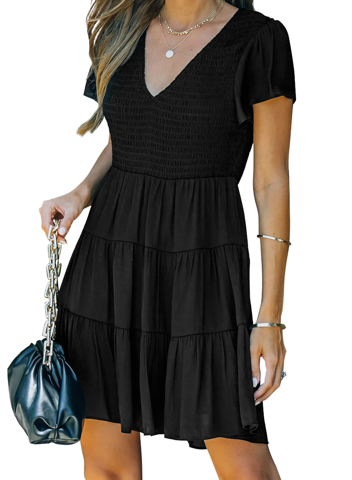 Womens Ruffle Sleeve Layered Mini Dress Smocked Flowy Mini Dress