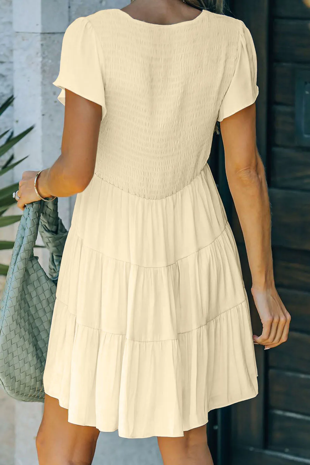 Womens Ruffle Sleeve Layered Mini Dress Smocked Flowy Mini Dress