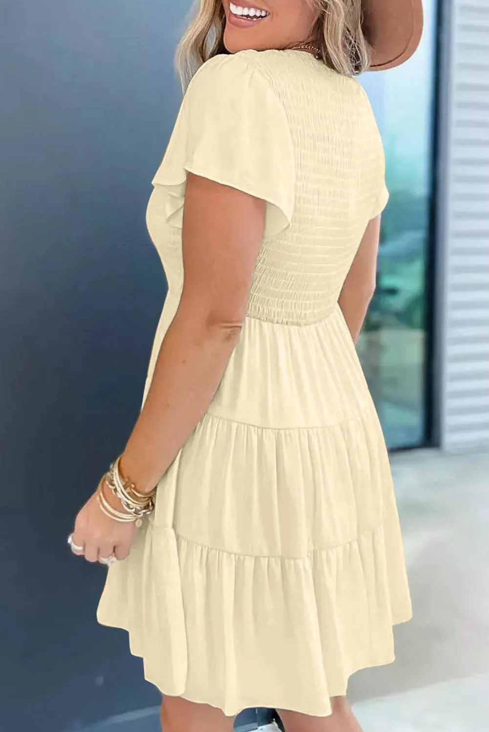 Womens Ruffle Sleeve Layered Mini Dress Smocked Flowy Mini Dress
