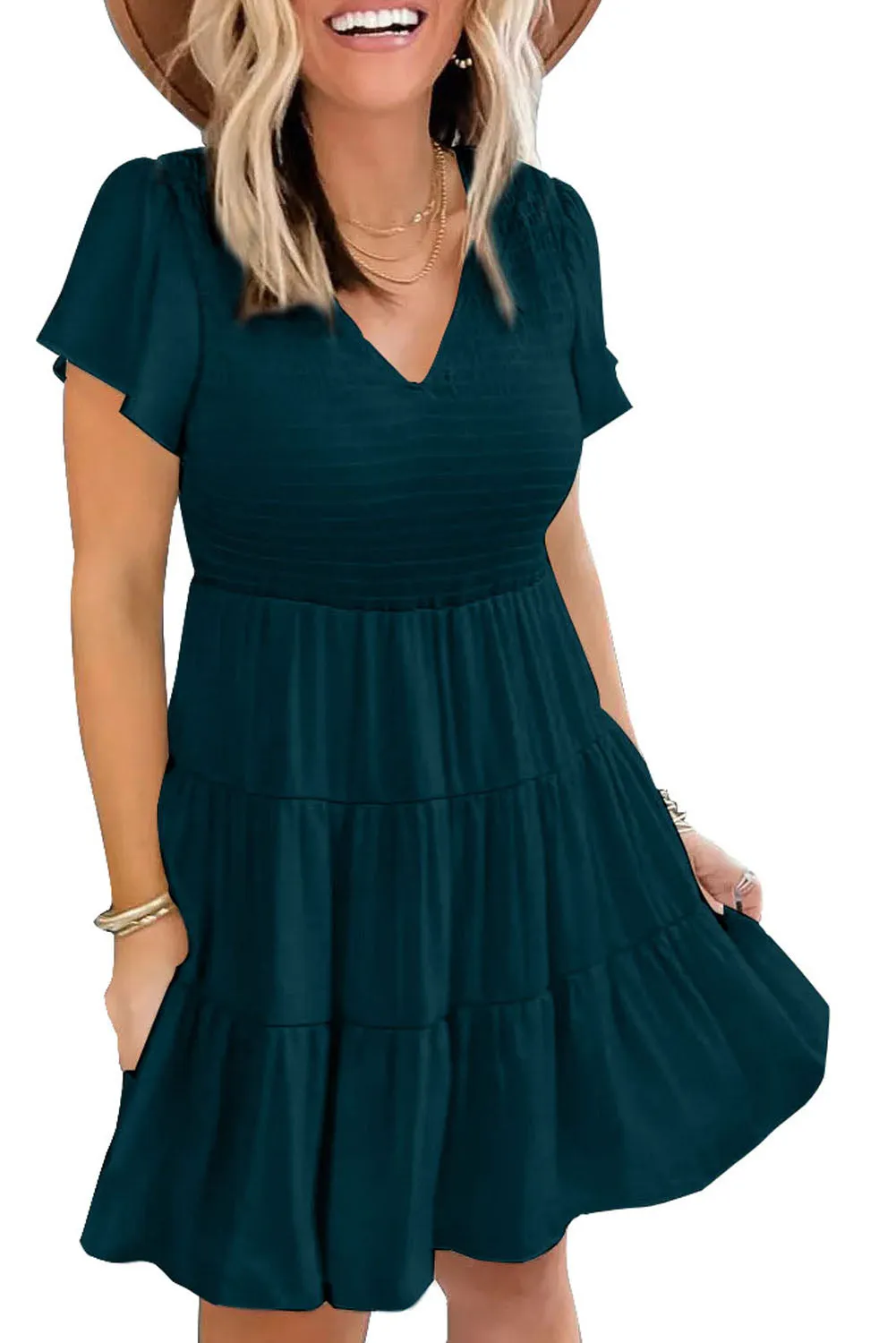 Womens Ruffle Sleeve Layered Mini Dress Smocked Flowy Mini Dress