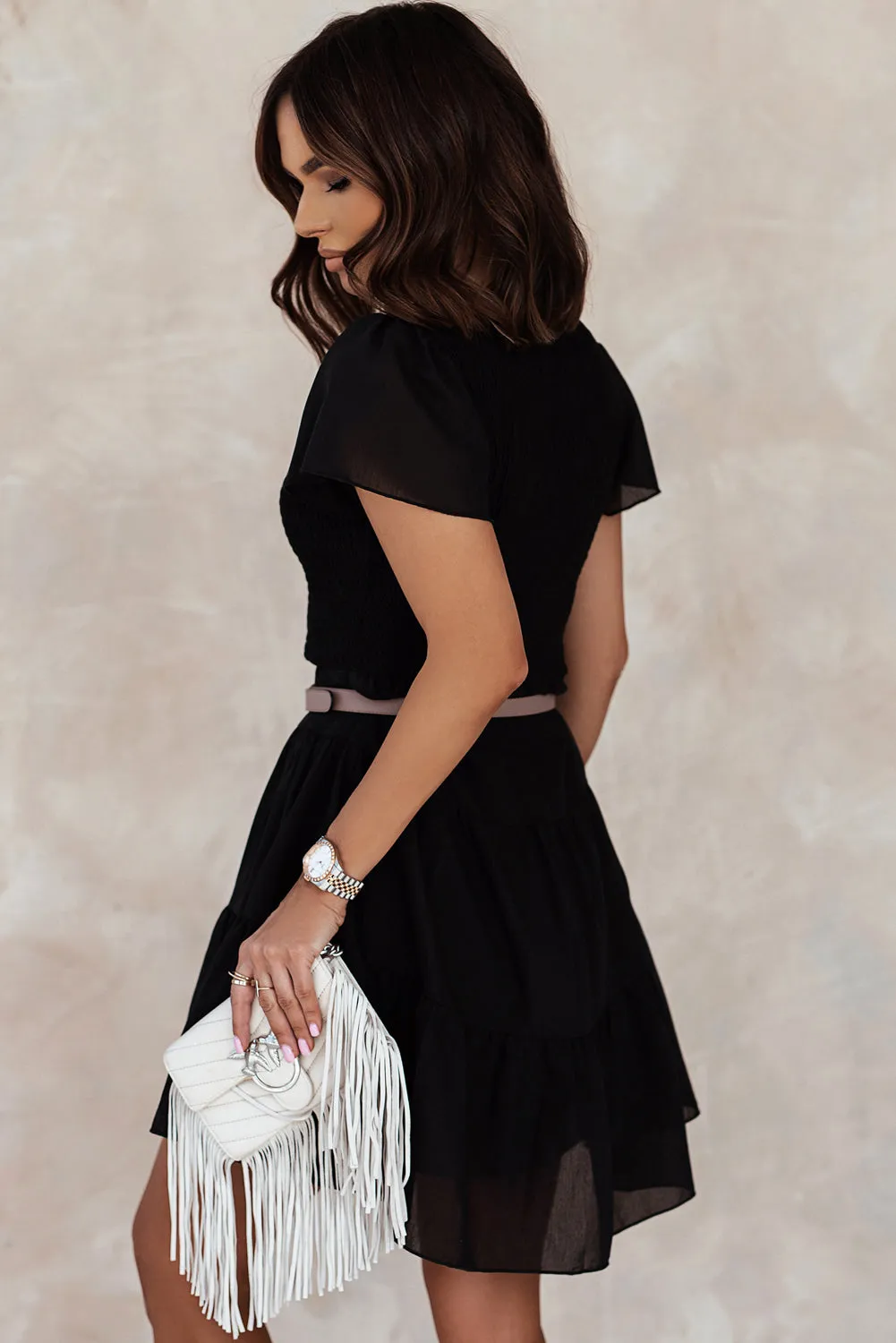Womens Ruffle Sleeve Layered Mini Dress Smocked Flowy Mini Dress