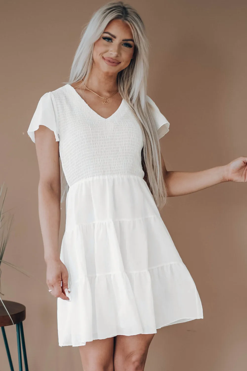 Womens Ruffle Sleeve Layered Mini Dress Smocked Flowy Mini Dress