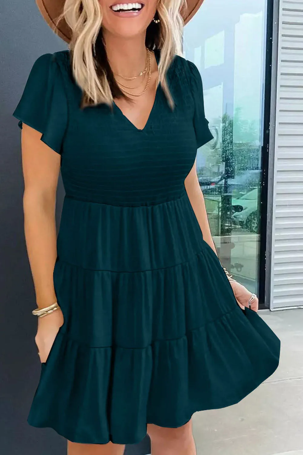 Womens Ruffle Sleeve Layered Mini Dress Smocked Flowy Mini Dress